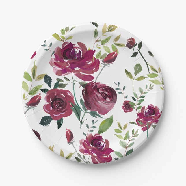 Watercolor Burgundy Flowers | Floral Pattern Paper Plates (Front)