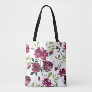 Watercolor Burgundy Flowers Floral Pattern Tote Bag
