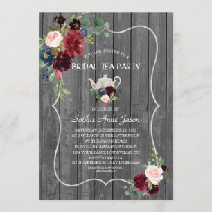 Watercolor Burgundy Flowers Wood Bridal Tea Party Invitation