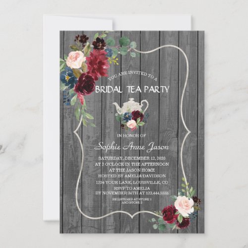 Watercolor Burgundy Flowers Wood Bridal Tea Party Invitation
