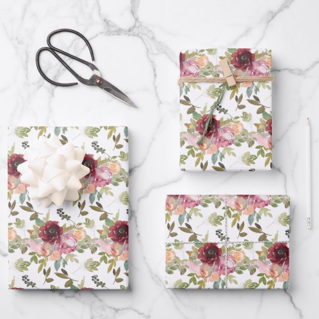 Watercolor Burgundy Flowers Wrapping Paper Sheets (Front)