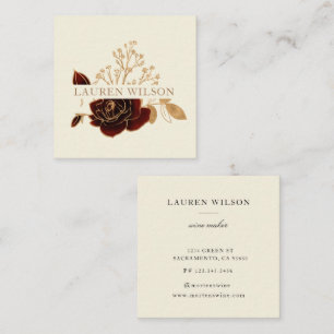 Watercolor Burgundy Gold Elegant Floral Square Business Card
