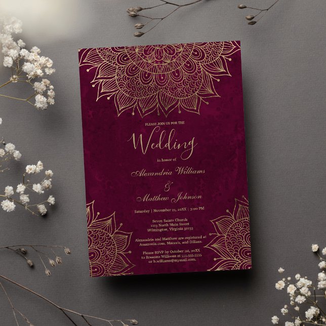 Watercolor burgundy gold floral mandala Wedding Invitation (Watercolor burgundy gold floral mandala Wedding )