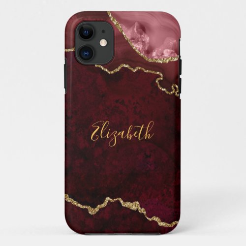 Watercolor Burgundy Gold Marble Agate Geode iPhone 11 Case