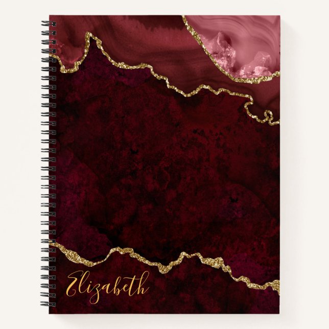 Watercolor Burgundy Gold Marble Agate Geode Notebook (Front)