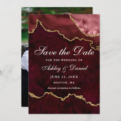Watercolor Burgundy Gold Marble Agate Geode Photo Save The Date