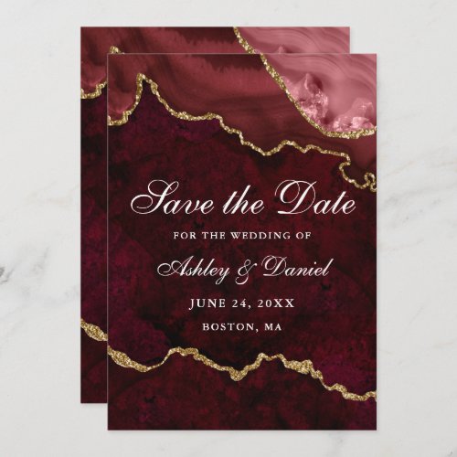 Watercolor Burgundy Gold Marble Agate Geode Save The Date