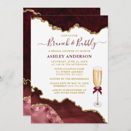Watercolor Burgundy Gold Marble Bridal Brunch Invitation