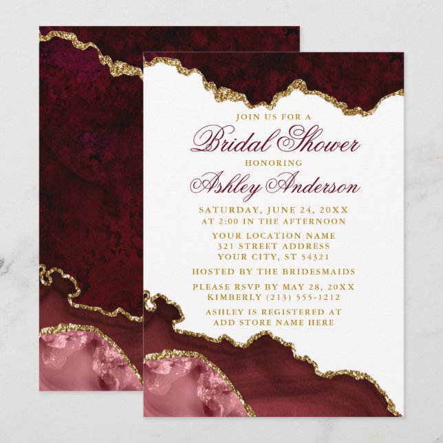 Watercolor Burgundy Gold Marble Bridal Shower Invitation (Front/Back)