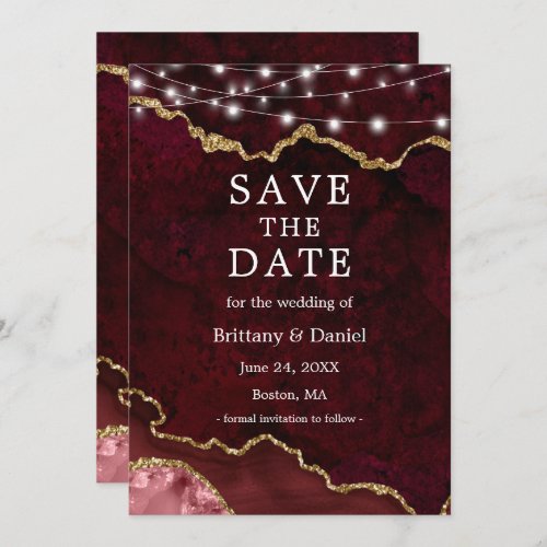 Watercolor Burgundy Gold Marble Geode Lights Save The Date