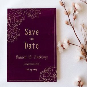 Watercolor burgundy gold peony flora Save the Date Invitation