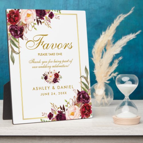 Watercolor Burgundy Gold Wedding Favors Plaque