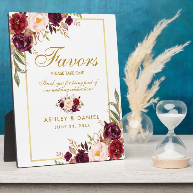 Watercolor Burgundy Gold Wedding Favors Plaque (Side)