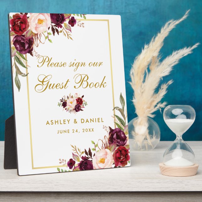 Watercolor Burgundy Gold Wedding Guestbook Plaque (Side)