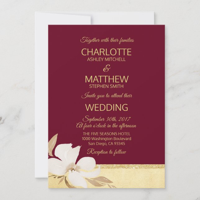 Watercolor Burgundy Gold Wedding Invitation (Front)
