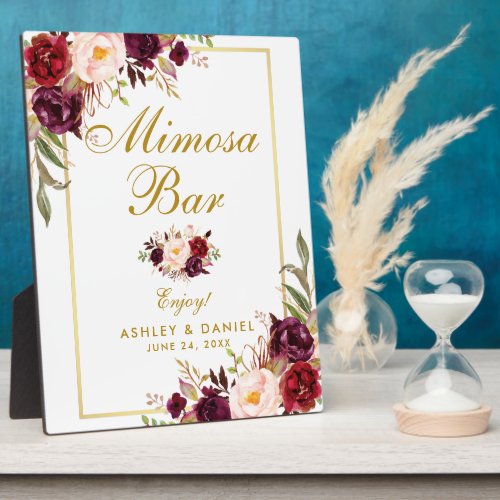 Watercolor Burgundy Gold Wedding Mimosa Bar Plaque