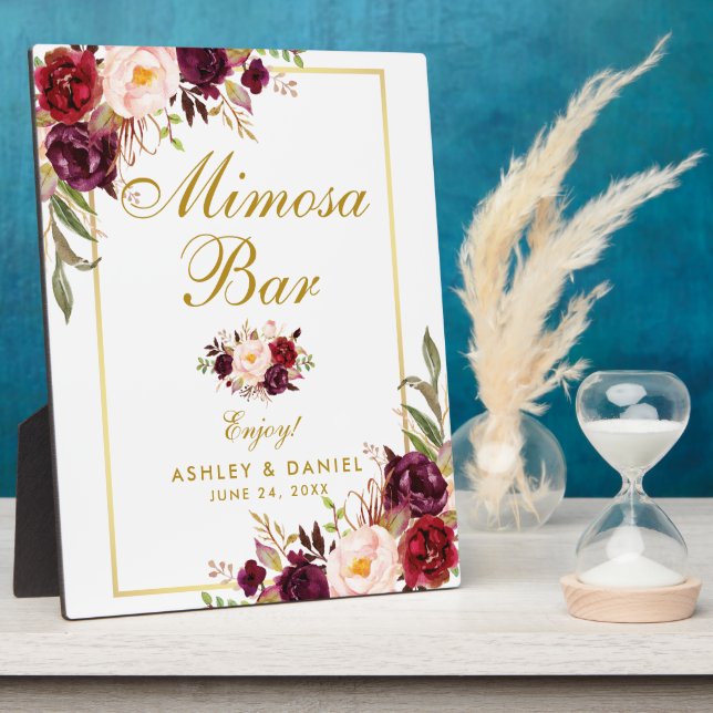 Watercolor Burgundy Gold Wedding Mimosa Bar Plaque (Side)