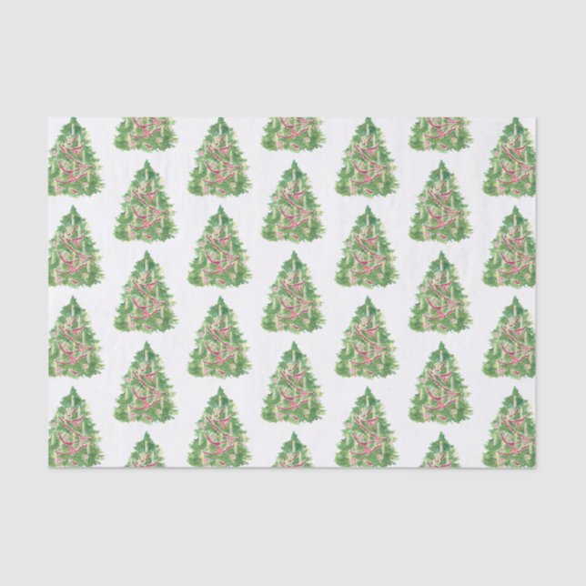 Watercolor Burgundy & Green Christmas Tree Tissue Paper (Front)