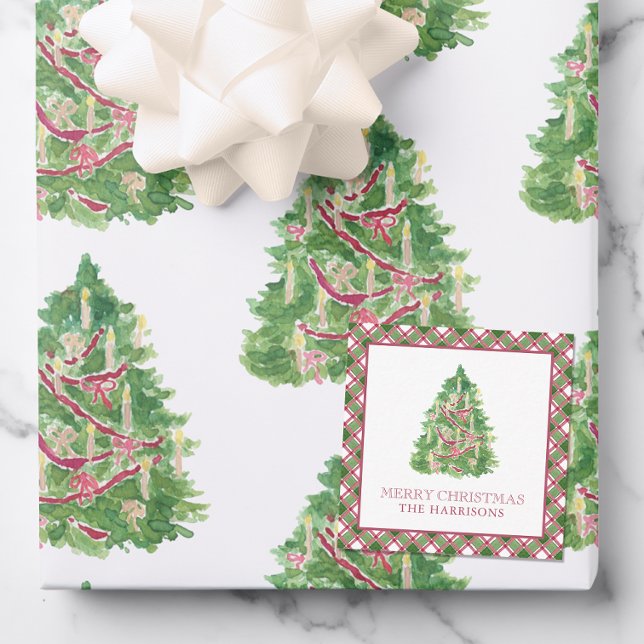 Watercolor Burgundy & Green Plaid Christmas Tree Note Card (Creator Uploaded)