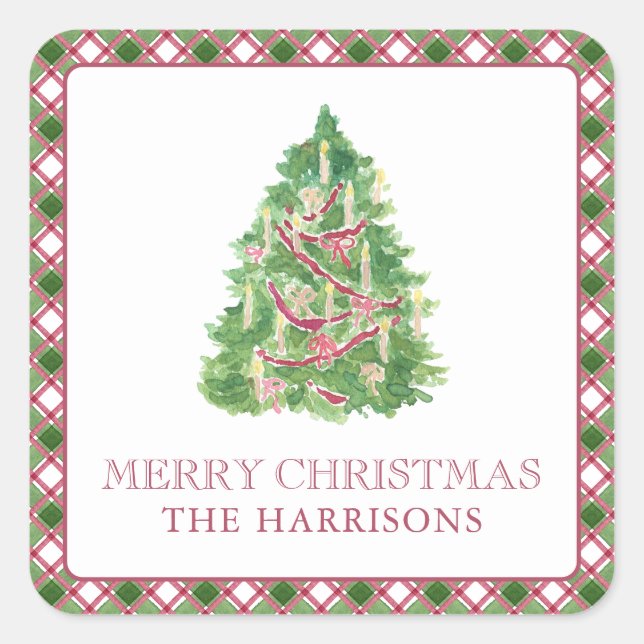 Watercolor Burgundy & Green Plaid Christmas Tree Square Sticker (Front)