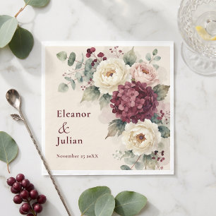 Watercolor Burgundy Hydrangea Blush Floral Wedding Napkins