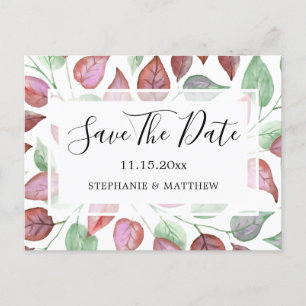 Watercolor Burgundy Leaves Wedding Save The Date Announcement Postcard