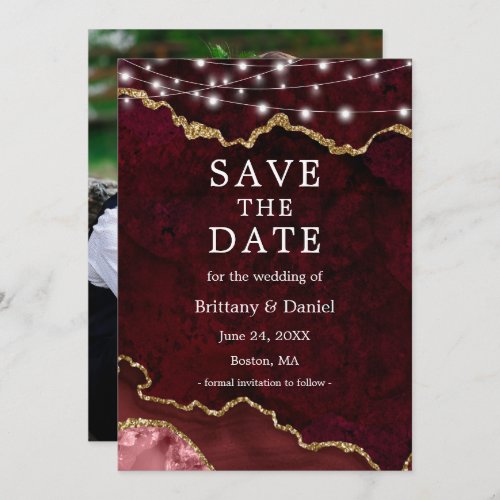 Watercolor Burgundy Marble Geode Lights Photo Save The Date