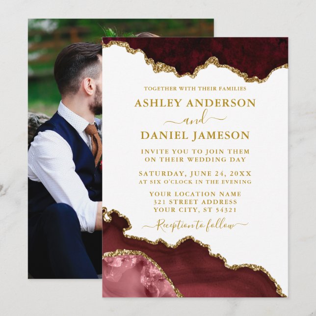 Watercolor Burgundy Marble Geode Photo Invitation (Front/Back)