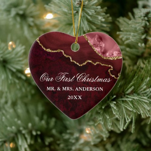 Watercolor Burgundy Marble Geode Wedding Heart Ceramic Ornament