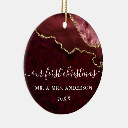 Watercolor Burgundy Marble Geode Wedding PHOTO Ceramic Ornament