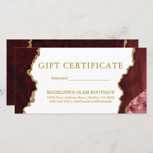 Watercolor Burgundy Marble Gold Gift Certificate