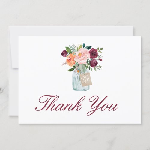 Watercolor Burgundy Marsala Flowers Mason Jar Thank You Card