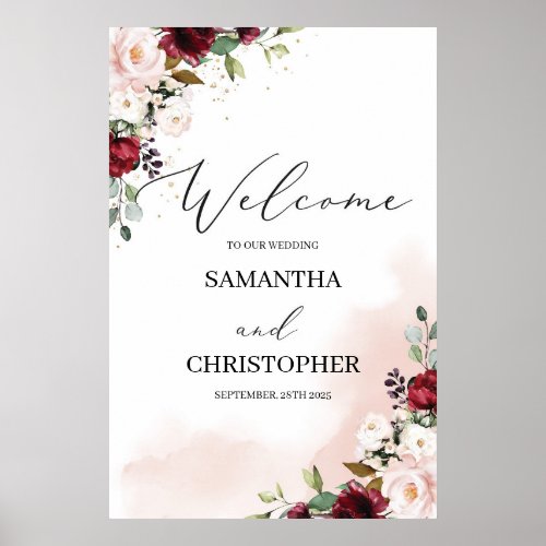 Watercolor burgundy merlot floral gold wedding poster