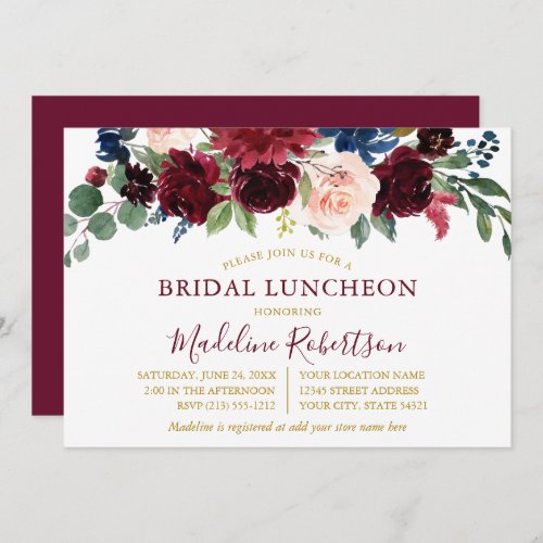 Watercolor Burgundy Mixed Floral Bridal Lunch Gold Invitation