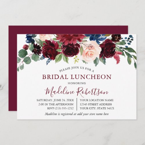 Watercolor Burgundy Mixed Floral Bridal Lunch Invitation