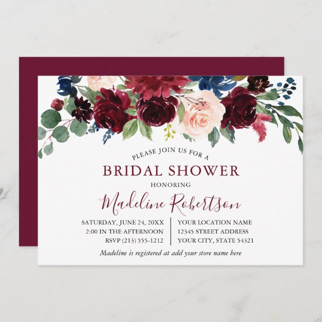 Watercolor Burgundy Mixed Floral Bridal Shower Invitation (Front/Back)