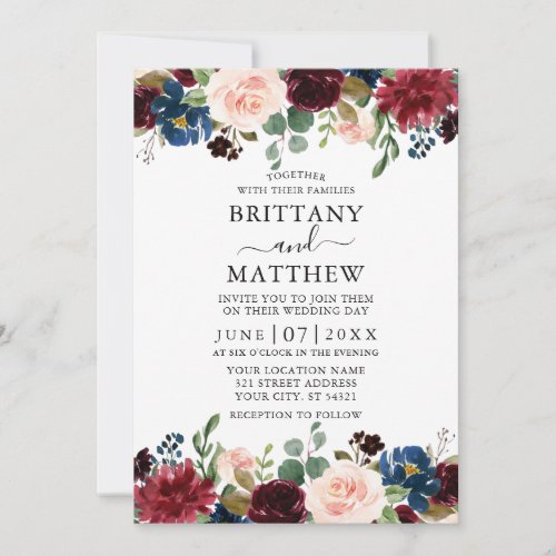 Watercolor Burgundy Mixed Floral Elegant Wedding Invitation
