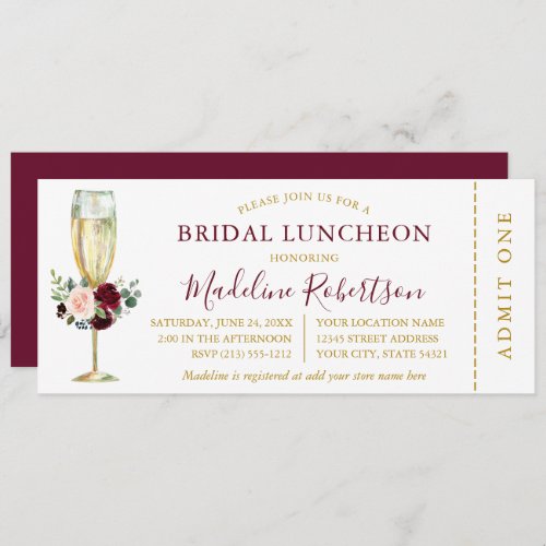Watercolor Burgundy Mixed Floral Luncheon Ticket Invitation