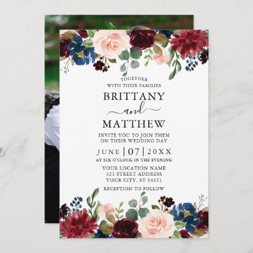 Watercolor Burgundy Mixed Floral Photo Wedding Invitation