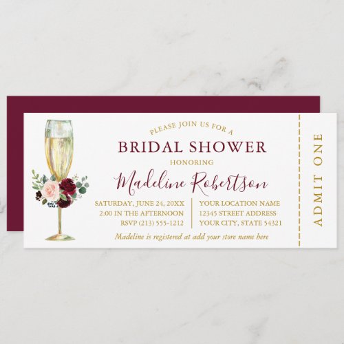 Watercolor Burgundy Mixed Floral Shower Ticket Invitation