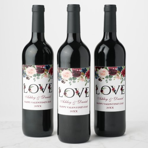 Watercolor Burgundy Mixed Floral Valentines Love Wine Label