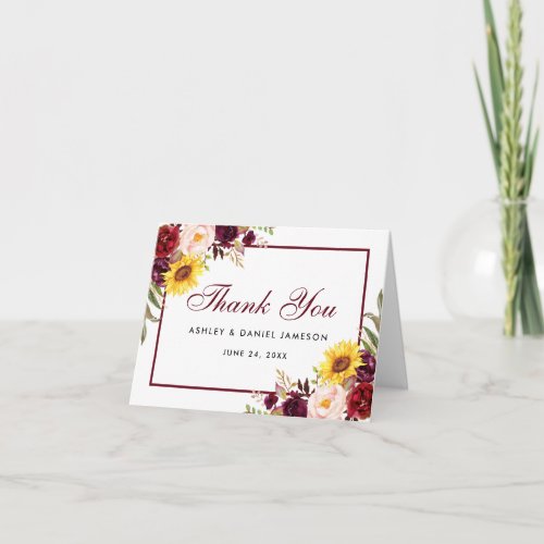 Watercolor Burgundy Mixed Floral Wedding Note Thank You Card