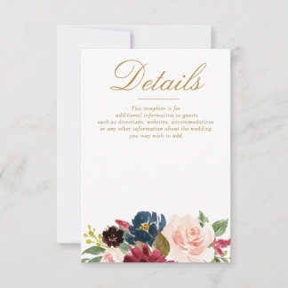watercolor burgundy navy blooms wedding details RSVP card