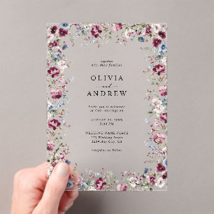Watercolor Burgundy Navy Blue Floral Wedding Acrylic Invitations
