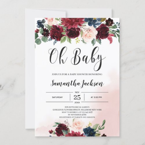 Watercolor burgundy navy blush pink floral baby invitation