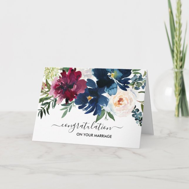 Watercolor Burgundy Navy Flower Congratulation Card (Front)