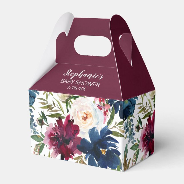 Watercolor Burgundy Navy Flowers Baby Shower Favor Boxes (Front Side)