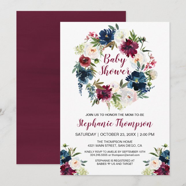 Watercolor Burgundy Navy Flowers Baby Shower Invitation (Front/Back)