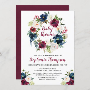 Watercolor Burgundy Navy Flowers Baby Shower Invitation