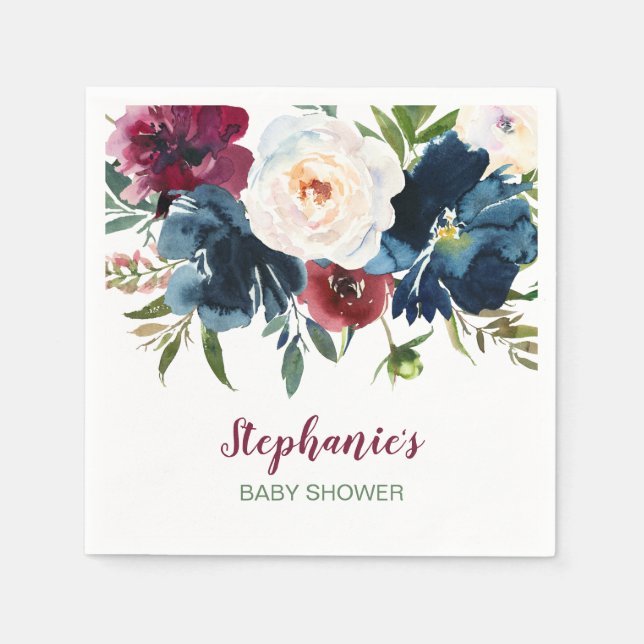 Watercolor Burgundy Navy Flowers Baby Shower Napkins (Front)